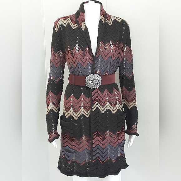 JUST JEANS Gray Pink Chevron Open Front Long Cardigan Sweater Sz XS - Picture 1 of 13